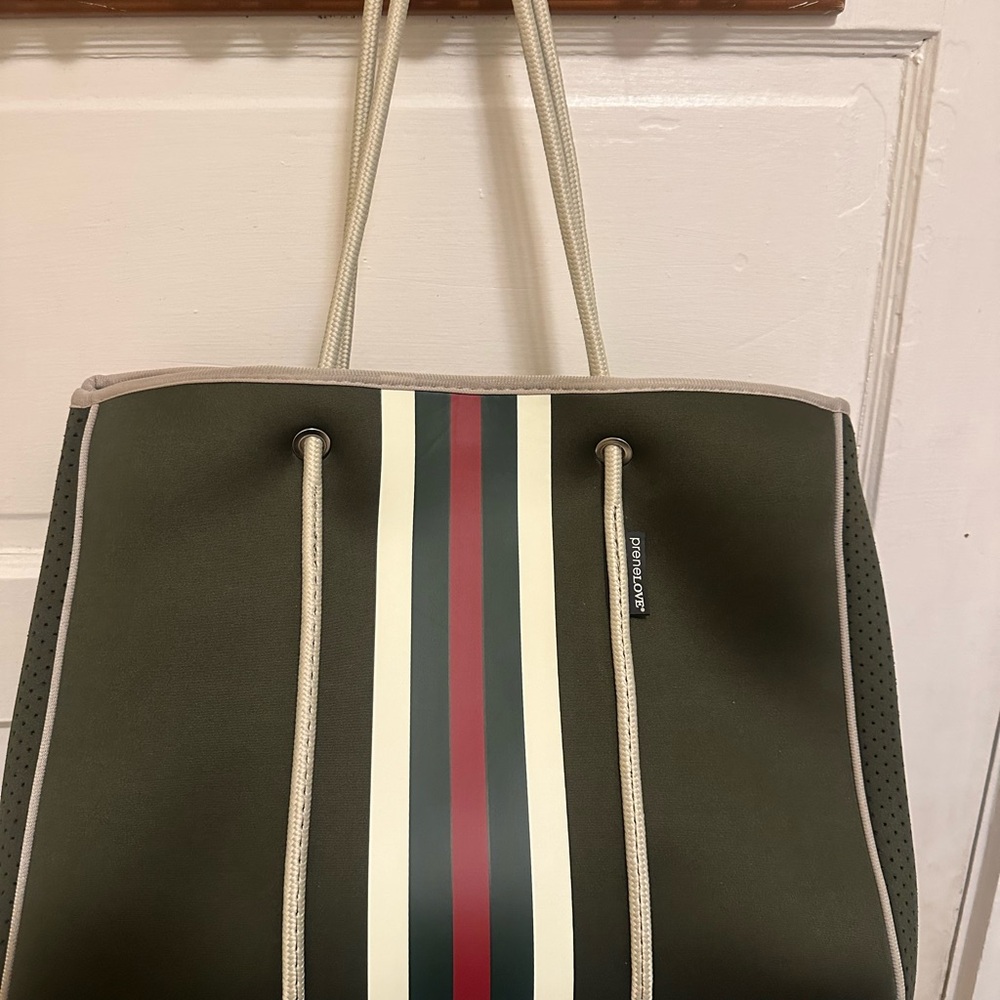 Olive Green Tote Bag with Stripes